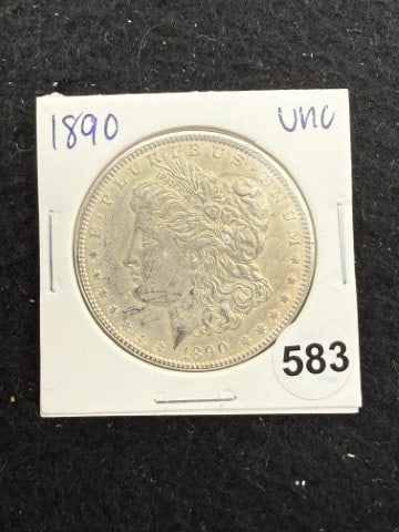 1890 UNC Morgan Silver Dollar Coin: KEY WORDS: INDIAN ARTIFACT ARTIFACTS ARROWHEAD ARROWHEADS NATIVE AMERICAN MISSISSIPPIAN QUAPAW CADDO POTTERY COINS MORGAN DOLLAR PEACE DOLLAR SILVER COINS. All coins have been Sigma tested for