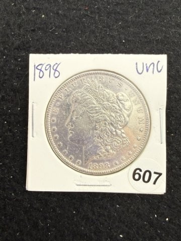1898 UNC Morgan Silver Dollar Coin: KEY WORDS: INDIAN ARTIFACT ARTIFACTS ARROWHEAD ARROWHEADS NATIVE AMERICAN MISSISSIPPIAN QUAPAW CADDO POTTERY COINS MORGAN DOLLAR PEACE DOLLAR SILVER COINS. All coins have been Sigma tested for authent