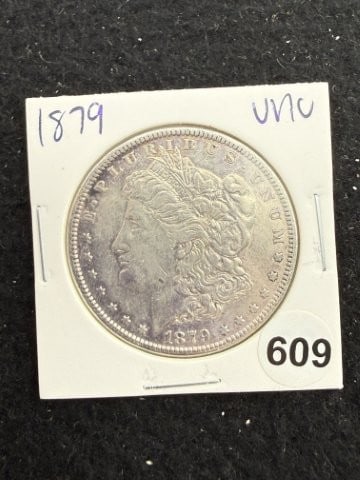 1879 UNC Morgan Silver Dollar Coin: KEY WORDS: INDIAN ARTIFACT ARTIFACTS ARROWHEAD ARROWHEADS NATIVE AMERICAN MISSISSIPPIAN QUAPAW CADDO POTTERY COINS MORGAN DOLLAR PEACE DOLLAR SILVER COINS. All coins have been Sigma tested for authent