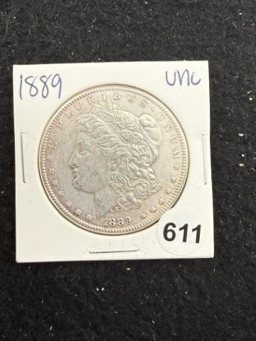 1889 UNC Morgan Silver Dollar Coin: KEY WORDS: INDIAN ARTIFACT ARTIFACTS ARROWHEAD ARROWHEADS NATIVE AMERICAN MISSISSIPPIAN QUAPAW CADDO POTTERY COINS MORGAN DOLLAR PEACE DOLLAR SILVER COINS. All coins have been Sigma tested for authent