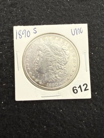 1890 S UNC Morgan Silver Dollar Coin: KEY WORDS: INDIAN ARTIFACT ARTIFACTS ARROWHEAD ARROWHEADS NATIVE AMERICAN MISSISSIPPIAN QUAPAW CADDO POTTERY COINS MORGAN DOLLAR PEACE DOLLAR SILVER COINS. All coins have been Sigma tested for