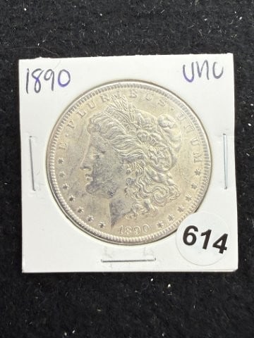1890 UNC Morgan Silver Dollar Coin: KEY WORDS: INDIAN ARTIFACT ARTIFACTS ARROWHEAD ARROWHEADS NATIVE AMERICAN MISSISSIPPIAN QUAPAW CADDO POTTERY COINS MORGAN DOLLAR PEACE DOLLAR SILVER COINS. All coins have been Sigma tested for