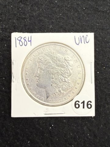 1884 UNC Morgan Silver Dollar Coin: KEY WORDS: INDIAN ARTIFACT ARTIFACTS ARROWHEAD ARROWHEADS NATIVE AMERICAN MISSISSIPPIAN QUAPAW CADDO POTTERY COINS MORGAN DOLLAR PEACE DOLLAR SILVER COINS. All coins have been Sigma tested for authent