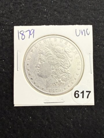1879 UNC Morgan Silver Dollar Coin: KEY WORDS: INDIAN ARTIFACT ARTIFACTS ARROWHEAD ARROWHEADS NATIVE AMERICAN MISSISSIPPIAN QUAPAW CADDO POTTERY COINS MORGAN DOLLAR PEACE DOLLAR SILVER COINS. All coins have been Sigma tested for authent