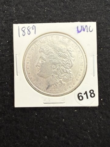 1889 UNC Morgan Silver Dollar Coin: KEY WORDS: INDIAN ARTIFACT ARTIFACTS ARROWHEAD ARROWHEADS NATIVE AMERICAN MISSISSIPPIAN QUAPAW CADDO POTTERY COINS MORGAN DOLLAR PEACE DOLLAR SILVER COINS. All coins have been Sigma tested for authent