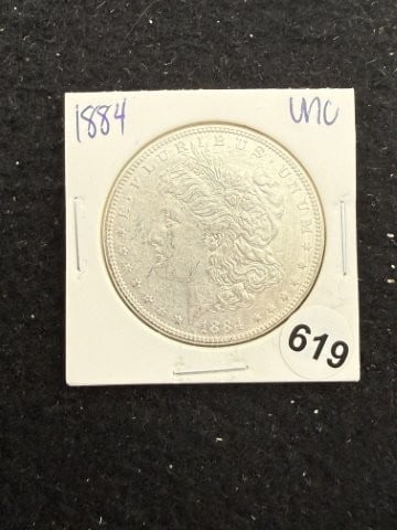 1884 UNC Morgan Silver Dollar Coin: KEY WORDS: INDIAN ARTIFACT ARTIFACTS ARROWHEAD ARROWHEADS NATIVE AMERICAN MISSISSIPPIAN QUAPAW CADDO POTTERY COINS MORGAN DOLLAR PEACE DOLLAR SILVER COINS. All coins have been Sigma tested for authent