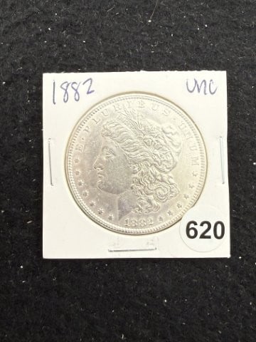 1882 UNC Morgan Silver Dollar Coin: KEY WORDS: INDIAN ARTIFACT ARTIFACTS ARROWHEAD ARROWHEADS NATIVE AMERICAN MISSISSIPPIAN QUAPAW CADDO POTTERY COINS MORGAN DOLLAR PEACE DOLLAR SILVER COINS. All coins have been Sigma tested for authent