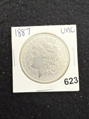 1887 UNC Morgan Silver Dollar Coin: KEY WORDS: INDIAN ARTIFACT ARTIFACTS ARROWHEAD ARROWHEADS NATIVE AMERICAN MISSISSIPPIAN QUAPAW CADDO POTTERY COINS MORGAN DOLLAR PEACE DOLLAR SILVER COINS. All coins have been Sigma tested for