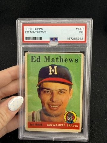 1958 Topps Ed Mathews Baseball Card: KEY WORDS: INDIAN ARTIFACT ARTIFACTS ARROWHEAD ARROWHEADS NATIVE AMERICAN MISSISSIPPIAN QUAPAW CADDO POTTERY COINS MORGAN DOLLAR PEACE DOLLAR SILVER COINS. All coins have been Sigma tested for authent