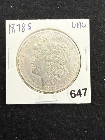 1878 S UNC Morgan Silver Dollar Coin: KEY WORDS: INDIAN ARTIFACT ARTIFACTS ARROWHEAD ARROWHEADS NATIVE AMERICAN MISSISSIPPIAN QUAPAW CADDO POTTERY COINS MORGAN DOLLAR PEACE DOLLAR SILVER COINS. All coins have been Sigma tested for authent