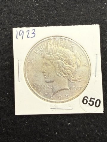 1923 Peace Silver Dollar Coin: KEY WORDS: INDIAN ARTIFACT ARTIFACTS ARROWHEAD ARROWHEADS NATIVE AMERICAN MISSISSIPPIAN QUAPAW CADDO POTTERY COINS MORGAN DOLLAR PEACE DOLLAR SILVER COINS. All coins have been Sigma tested for