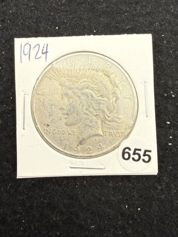 1924 Peace Silver Dollar Coin: KEY WORDS: INDIAN ARTIFACT ARTIFACTS ARROWHEAD ARROWHEADS NATIVE AMERICAN MISSISSIPPIAN QUAPAW CADDO POTTERY COINS MORGAN DOLLAR PEACE DOLLAR SILVER COINS. All coins have been Sigma tested for authent