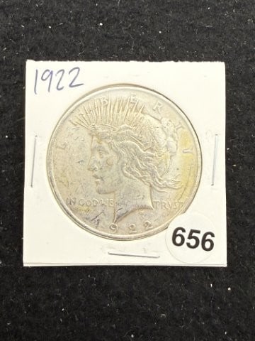 1922 Peace Silver Dollar Coin: KEY WORDS: INDIAN ARTIFACT ARTIFACTS ARROWHEAD ARROWHEADS NATIVE AMERICAN MISSISSIPPIAN QUAPAW CADDO POTTERY COINS MORGAN DOLLAR PEACE DOLLAR SILVER COINS. All coins have been Sigma tested for authent