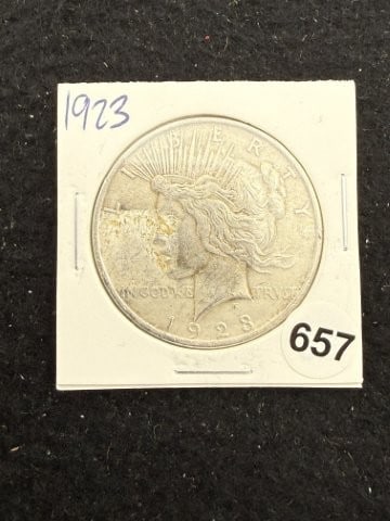 1923 Peace Silver Dollar Coin: KEY WORDS: INDIAN ARTIFACT ARTIFACTS ARROWHEAD ARROWHEADS NATIVE AMERICAN MISSISSIPPIAN QUAPAW CADDO POTTERY COINS MORGAN DOLLAR PEACE DOLLAR SILVER COINS. All coins have been Sigma tested for authent