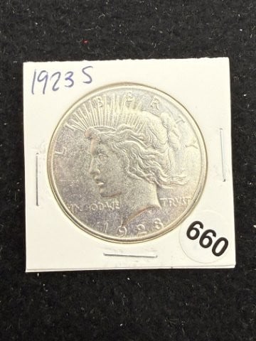 1923 S Peace Silver Dollar Coin: KEY WORDS: INDIAN ARTIFACT ARTIFACTS ARROWHEAD ARROWHEADS NATIVE AMERICAN MISSISSIPPIAN QUAPAW CADDO POTTERY COINS MORGAN DOLLAR PEACE DOLLAR SILVER COINS. All coins have been Sigma tested for authent