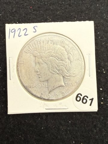 1922 S Peace Silver Dollar Coin: KEY WORDS: INDIAN ARTIFACT ARTIFACTS ARROWHEAD ARROWHEADS NATIVE AMERICAN MISSISSIPPIAN QUAPAW CADDO POTTERY COINS MORGAN DOLLAR PEACE DOLLAR SILVER COINS. All coins have been Sigma tested for