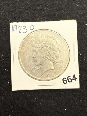 1923 D Peace Silver Dollar Coin: KEY WORDS: INDIAN ARTIFACT ARTIFACTS ARROWHEAD ARROWHEADS NATIVE AMERICAN MISSISSIPPIAN QUAPAW CADDO POTTERY COINS MORGAN DOLLAR PEACE DOLLAR SILVER COINS. All coins have been Sigma tested for