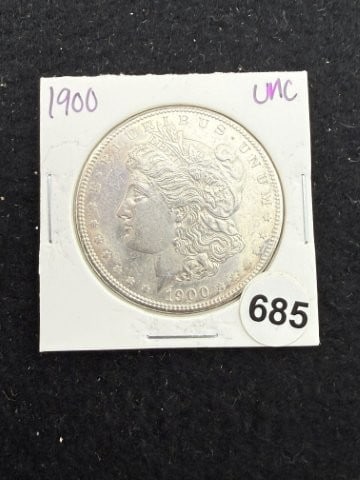 1900 UNC Morgan Silver Dollar Coin: KEY WORDS: INDIAN ARTIFACT ARTIFACTS ARROWHEAD ARROWHEADS NATIVE AMERICAN MISSISSIPPIAN QUAPAW CADDO POTTERY COINS MORGAN DOLLAR PEACE DOLLAR SILVER COINS. All coins have been Sigma tested for authent