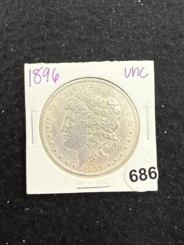 1896 UNC Morgan Silver Dollar Coin: KEY WORDS: INDIAN ARTIFACT ARTIFACTS ARROWHEAD ARROWHEADS NATIVE AMERICAN MISSISSIPPIAN QUAPAW CADDO POTTERY COINS MORGAN DOLLAR PEACE DOLLAR SILVER COINS. All coins have been Sigma tested for authent