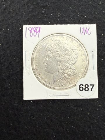 1889 UNC Morgan Silver Dollar Coin: KEY WORDS: INDIAN ARTIFACT ARTIFACTS ARROWHEAD ARROWHEADS NATIVE AMERICAN MISSISSIPPIAN QUAPAW CADDO POTTERY COINS MORGAN DOLLAR PEACE DOLLAR SILVER COINS. All coins have been Sigma tested for