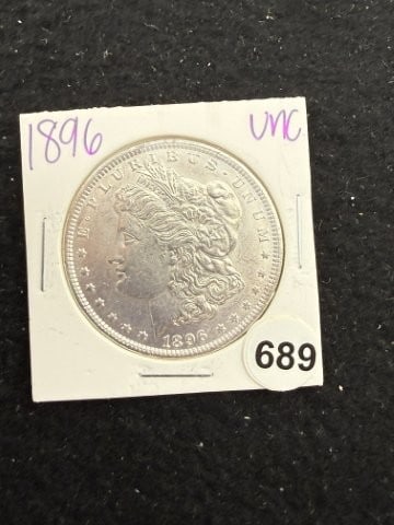 1896 UNC Morgan Silver Dollar Coin: KEY WORDS: INDIAN ARTIFACT ARTIFACTS ARROWHEAD ARROWHEADS NATIVE AMERICAN MISSISSIPPIAN QUAPAW CADDO POTTERY COINS MORGAN DOLLAR PEACE DOLLAR SILVER COINS. All coins have been Sigma tested for
