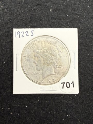 1922 S Peace Silver Dollar Coin: KEY WORDS: INDIAN ARTIFACT ARTIFACTS ARROWHEAD ARROWHEADS NATIVE AMERICAN MISSISSIPPIAN QUAPAW CADDO POTTERY COINS MORGAN DOLLAR PEACE DOLLAR SILVER COINS. All coins have been Sigma tested for