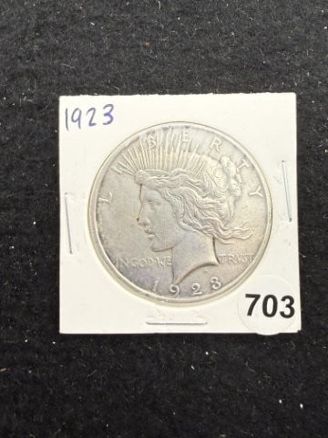 1923 Peace Silver Dollar Coin: KEY WORDS: INDIAN ARTIFACT ARTIFACTS ARROWHEAD ARROWHEADS NATIVE AMERICAN MISSISSIPPIAN QUAPAW CADDO POTTERY COINS MORGAN DOLLAR PEACE DOLLAR SILVER COINS. All coins have been Sigma tested for authent