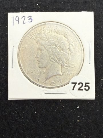 1923 Peace Silver Dollar Coin: KEY WORDS: INDIAN ARTIFACT ARTIFACTS ARROWHEAD ARROWHEADS NATIVE AMERICAN MISSISSIPPIAN QUAPAW CADDO POTTERY COINS MORGAN DOLLAR PEACE DOLLAR SILVER COINS. All coins have been Sigma tested for