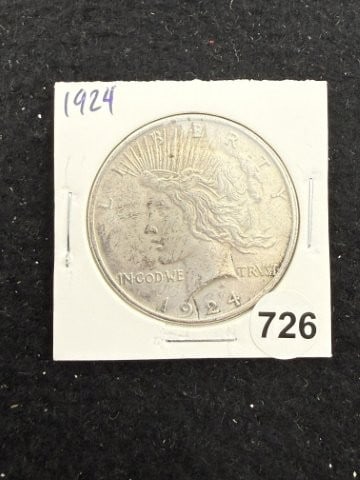 1924 Peace Silver Dollar Coin: KEY WORDS: INDIAN ARTIFACT ARTIFACTS ARROWHEAD ARROWHEADS NATIVE AMERICAN MISSISSIPPIAN QUAPAW CADDO POTTERY COINS MORGAN DOLLAR PEACE DOLLAR SILVER COINS. All coins have been Sigma tested for