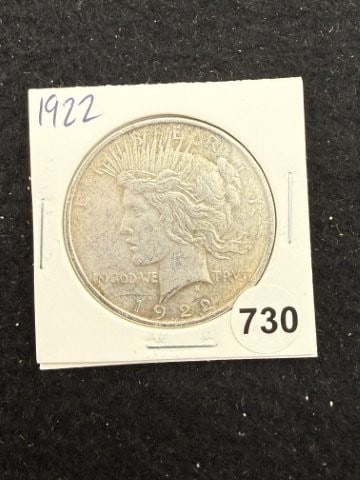 1922 Peace Silver Dollar Coin: KEY WORDS: INDIAN ARTIFACT ARTIFACTS ARROWHEAD ARROWHEADS NATIVE AMERICAN MISSISSIPPIAN QUAPAW CADDO POTTERY COINS MORGAN DOLLAR PEACE DOLLAR SILVER COINS. All coins have been Sigma tested for