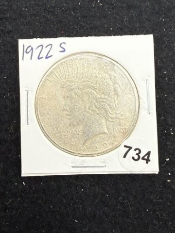 1922 S Peace Silver Dollar Coin: KEY WORDS: INDIAN ARTIFACT ARTIFACTS ARROWHEAD ARROWHEADS NATIVE AMERICAN MISSISSIPPIAN QUAPAW CADDO POTTERY COINS MORGAN DOLLAR PEACE DOLLAR SILVER COINS. All coins have been Sigma tested for