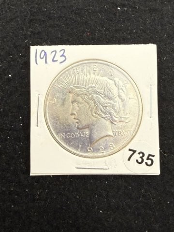1923 Peace Silver Dollar Coin: KEY WORDS: INDIAN ARTIFACT ARTIFACTS ARROWHEAD ARROWHEADS NATIVE AMERICAN MISSISSIPPIAN QUAPAW CADDO POTTERY COINS MORGAN DOLLAR PEACE DOLLAR SILVER COINS. All coins have been Sigma tested for