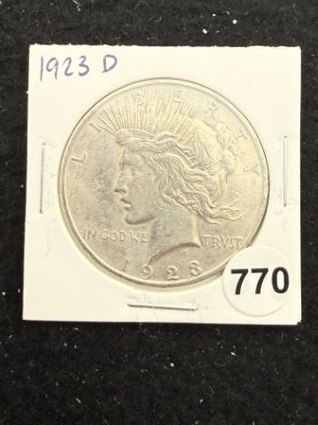 1923 D Peace Silver Dollar Coin: KEY WORDS: INDIAN ARTIFACT ARTIFACTS ARROWHEAD ARROWHEADS NATIVE AMERICAN MISSISSIPPIAN QUAPAW CADDO POTTERY COINS MORGAN DOLLAR PEACE DOLLAR SILVER COINS. All coins have been Sigma tested for