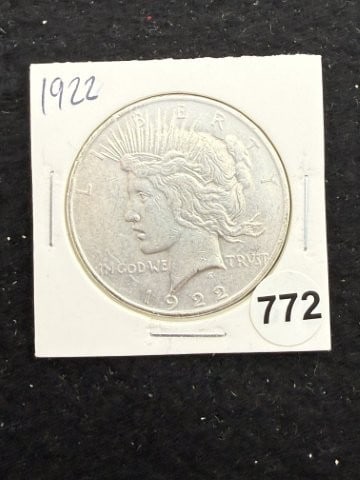 1922 Peace Silver Dollar Coin: KEY WORDS: INDIAN ARTIFACT ARTIFACTS ARROWHEAD ARROWHEADS NATIVE AMERICAN MISSISSIPPIAN QUAPAW CADDO POTTERY COINS MORGAN DOLLAR PEACE DOLLAR SILVER COINS. All coins have been Sigma tested for