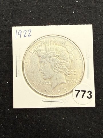 1922 Peace Silver Dollar Coin: KEY WORDS: INDIAN ARTIFACT ARTIFACTS ARROWHEAD ARROWHEADS NATIVE AMERICAN MISSISSIPPIAN QUAPAW CADDO POTTERY COINS MORGAN DOLLAR PEACE DOLLAR SILVER COINS. All coins have been Sigma tested for