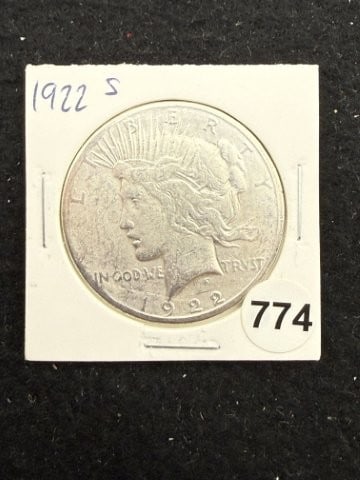 1922 S Peace Silver Dollar Coin: KEY WORDS: INDIAN ARTIFACT ARTIFACTS ARROWHEAD ARROWHEADS NATIVE AMERICAN MISSISSIPPIAN QUAPAW CADDO POTTERY COINS MORGAN DOLLAR PEACE DOLLAR SILVER COINS. All coins have been Sigma tested for