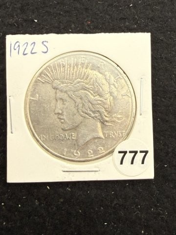 1922 S Peace Silver Dollar Coin: KEY WORDS: INDIAN ARTIFACT ARTIFACTS ARROWHEAD ARROWHEADS NATIVE AMERICAN MISSISSIPPIAN QUAPAW CADDO POTTERY COINS MORGAN DOLLAR PEACE DOLLAR SILVER COINS. All coins have been Sigma tested for