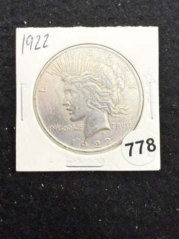 1922 Peace Silver Dollar Coin: KEY WORDS: INDIAN ARTIFACT ARTIFACTS ARROWHEAD ARROWHEADS NATIVE AMERICAN MISSISSIPPIAN QUAPAW CADDO POTTERY COINS MORGAN DOLLAR PEACE DOLLAR SILVER COINS. All coins have been Sigma tested for