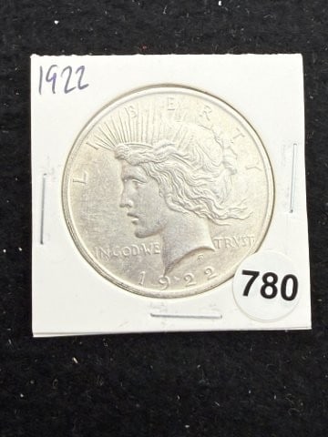 1922 Peace Silver Dollar Coin: KEY WORDS: INDIAN ARTIFACT ARTIFACTS ARROWHEAD ARROWHEADS NATIVE AMERICAN MISSISSIPPIAN QUAPAW CADDO POTTERY COINS MORGAN DOLLAR PEACE DOLLAR SILVER COINS. All coins have been Sigma tested for
