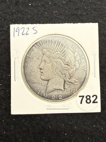 1922 S Peace Silver Dollar Coin: KEY WORDS: INDIAN ARTIFACT ARTIFACTS ARROWHEAD ARROWHEADS NATIVE AMERICAN MISSISSIPPIAN QUAPAW CADDO POTTERY COINS MORGAN DOLLAR PEACE DOLLAR SILVER COINS. All coins have been Sigma tested for