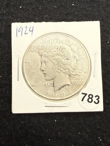 1924 Peace Silver Dollar Coin: KEY WORDS: INDIAN ARTIFACT ARTIFACTS ARROWHEAD ARROWHEADS NATIVE AMERICAN MISSISSIPPIAN QUAPAW CADDO POTTERY COINS MORGAN DOLLAR PEACE DOLLAR SILVER COINS. All coins have been Sigma tested for