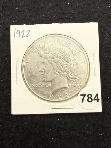 1922 Peace Silver Dollar Coin: KEY WORDS: INDIAN ARTIFACT ARTIFACTS ARROWHEAD ARROWHEADS NATIVE AMERICAN MISSISSIPPIAN QUAPAW CADDO POTTERY COINS MORGAN DOLLAR PEACE DOLLAR SILVER COINS. All coins have been Sigma tested for
