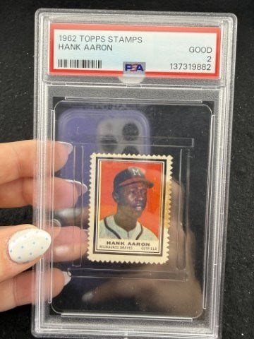 1962 Topps Stamps Hank Aaron Baseball Card: KEY WORDS: INDIAN ARTIFACT ARTIFACTS ARROWHEAD ARROWHEADS NATIVE AMERICAN MISSISSIPPIAN QUAPAW CADDO POTTERY COINS MORGAN DOLLAR PEACE DOLLAR SILVER COINS. All coins have been Sigma tested for