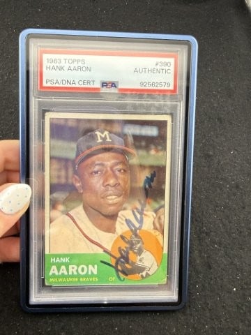 1963 Topps Hank Aaron Hand Signed Authentic Autograph Baseball Card: KEY WORDS: INDIAN ARTIFACT ARTIFACTS ARROWHEAD ARROWHEADS NATIVE AMERICAN MISSISSIPPIAN QUAPAW CADDO POTTERY COINS MORGAN DOLLAR PEACE DOLLAR SILVER COINS. All coins have been Sigma tested for authent