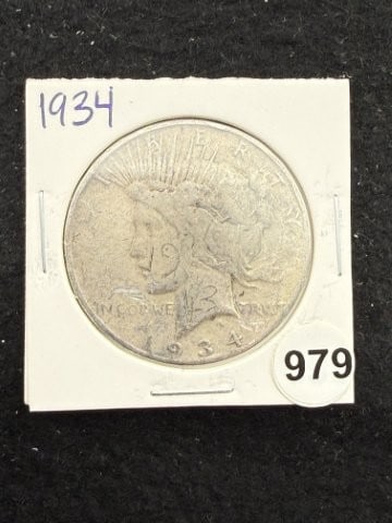 1934 Peace Silver Dollar Coin: KEY WORDS: INDIAN ARTIFACT ARTIFACTS ARROWHEAD ARROWHEADS NATIVE AMERICAN MISSISSIPPIAN QUAPAW CADDO POTTERY COINS MORGAN DOLLAR PEACE DOLLAR SILVER COINS. All coins have been Sigma tested for