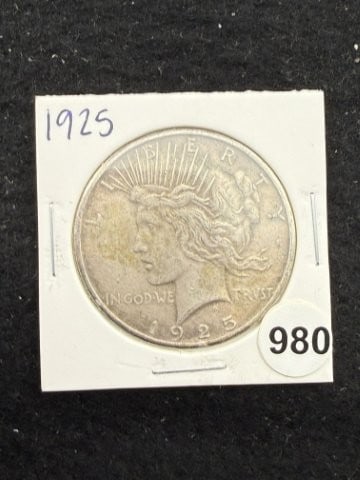 1925 Peace Silver Dollar Coin: KEY WORDS: INDIAN ARTIFACT ARTIFACTS ARROWHEAD ARROWHEADS NATIVE AMERICAN MISSISSIPPIAN QUAPAW CADDO POTTERY COINS MORGAN DOLLAR PEACE DOLLAR SILVER COINS. All coins have been Sigma tested for
