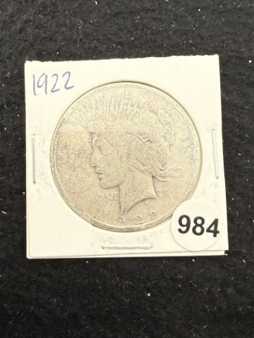 1922 Peace Silver Dollar Coin: KEY WORDS: INDIAN ARTIFACT ARTIFACTS ARROWHEAD ARROWHEADS NATIVE AMERICAN MISSISSIPPIAN QUAPAW CADDO POTTERY COINS MORGAN DOLLAR PEACE DOLLAR SILVER COINS. All coins have been Sigma tested for