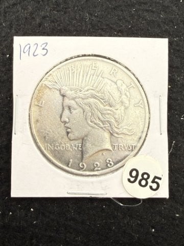 1923 Peace Silver Dollar Coin: KEY WORDS: INDIAN ARTIFACT ARTIFACTS ARROWHEAD ARROWHEADS NATIVE AMERICAN MISSISSIPPIAN QUAPAW CADDO POTTERY COINS MORGAN DOLLAR PEACE DOLLAR SILVER COINS. All coins have been Sigma tested for