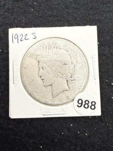 1922 S Peace Silver Dollar Coin: KEY WORDS: INDIAN ARTIFACT ARTIFACTS ARROWHEAD ARROWHEADS NATIVE AMERICAN MISSISSIPPIAN QUAPAW CADDO POTTERY COINS MORGAN DOLLAR PEACE DOLLAR SILVER COINS. All coins have been Sigma tested for