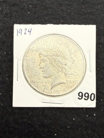 1924 Peace Silver Dollar Coin: KEY WORDS: INDIAN ARTIFACT ARTIFACTS ARROWHEAD ARROWHEADS NATIVE AMERICAN MISSISSIPPIAN QUAPAW CADDO POTTERY COINS MORGAN DOLLAR PEACE DOLLAR SILVER COINS. All coins have been Sigma tested for